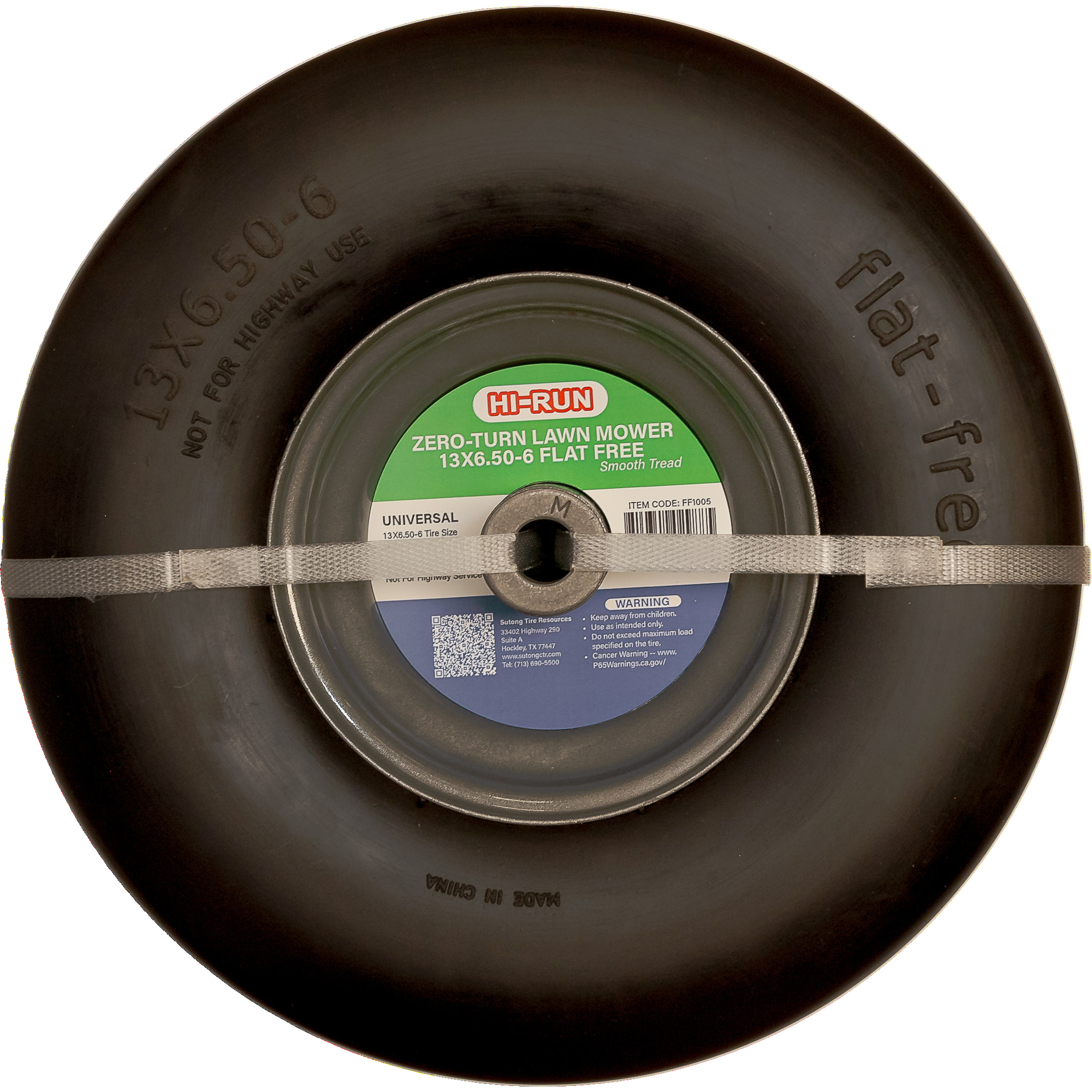 HI-RUN, Universal Flat Free Tire/Wheel with Kits, 3/4in. or 5/8in. ID, Tire Size 13X6.5-6 Model# FF1005